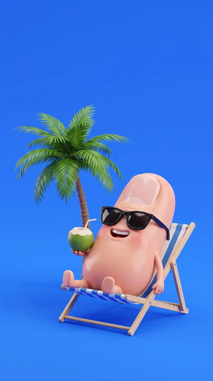 A meme: my thumbs after VoiceKey. The same cartoon thumb, relaxed on a beach chair with sunglasses and a coconut.