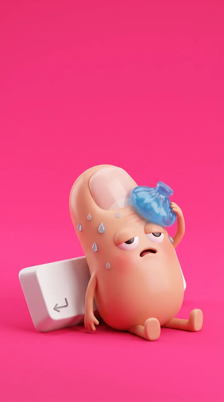 A meme: POV, you had to type one paragraph. A cartoon thumb, exhausted and sweating, holds an ice pack on its head.